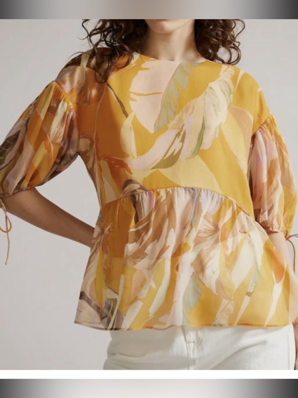 Ted Baker Dracila Mustard Yellow Floral Puff Sleeve Blouse Size 2